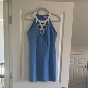 Lilly Pulitzer Periwinkle Blue Halter Mini Dress with White Crochet Neckline
